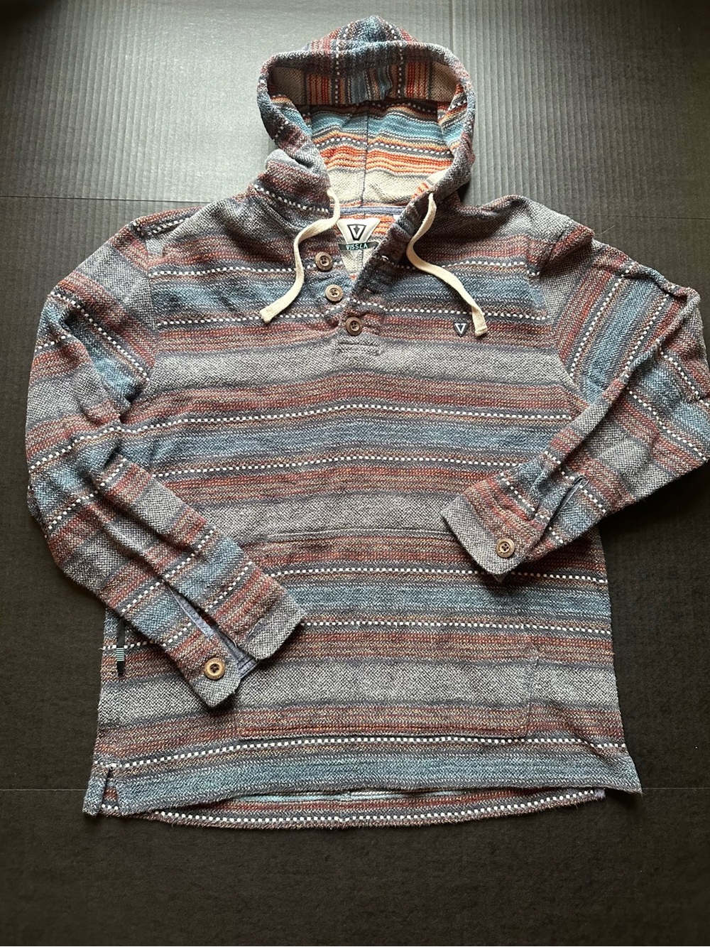 VISSLA Striped Hooded Pullover in Blue and Brown Tones